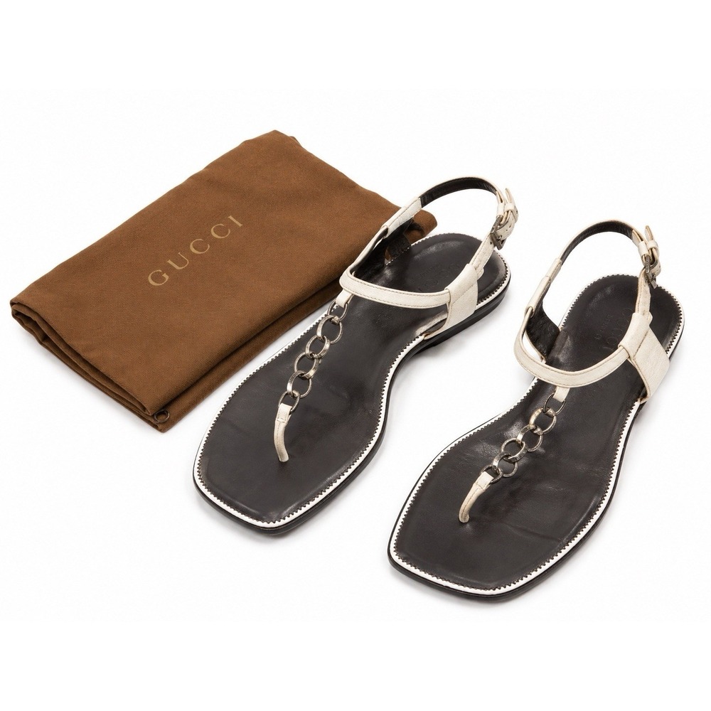 Gucci T-Strap Sandals 6 Ivory‎ Leather Chain Quiet Luxury Y2K Italy Vintage